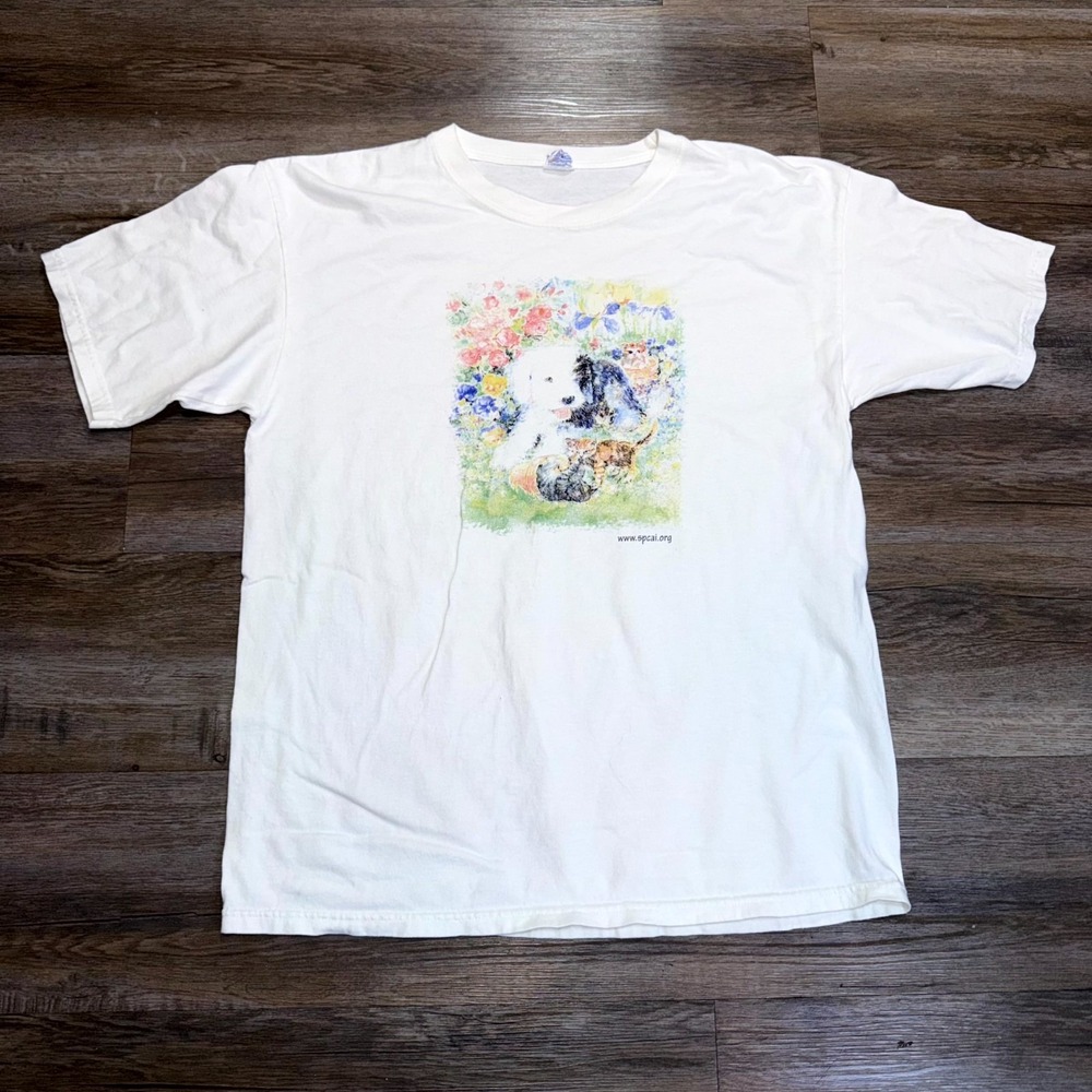 VTG Yazbek Tag White SPCA Int. Graphic Shirt Womens L Floral Sheepdog Kittens